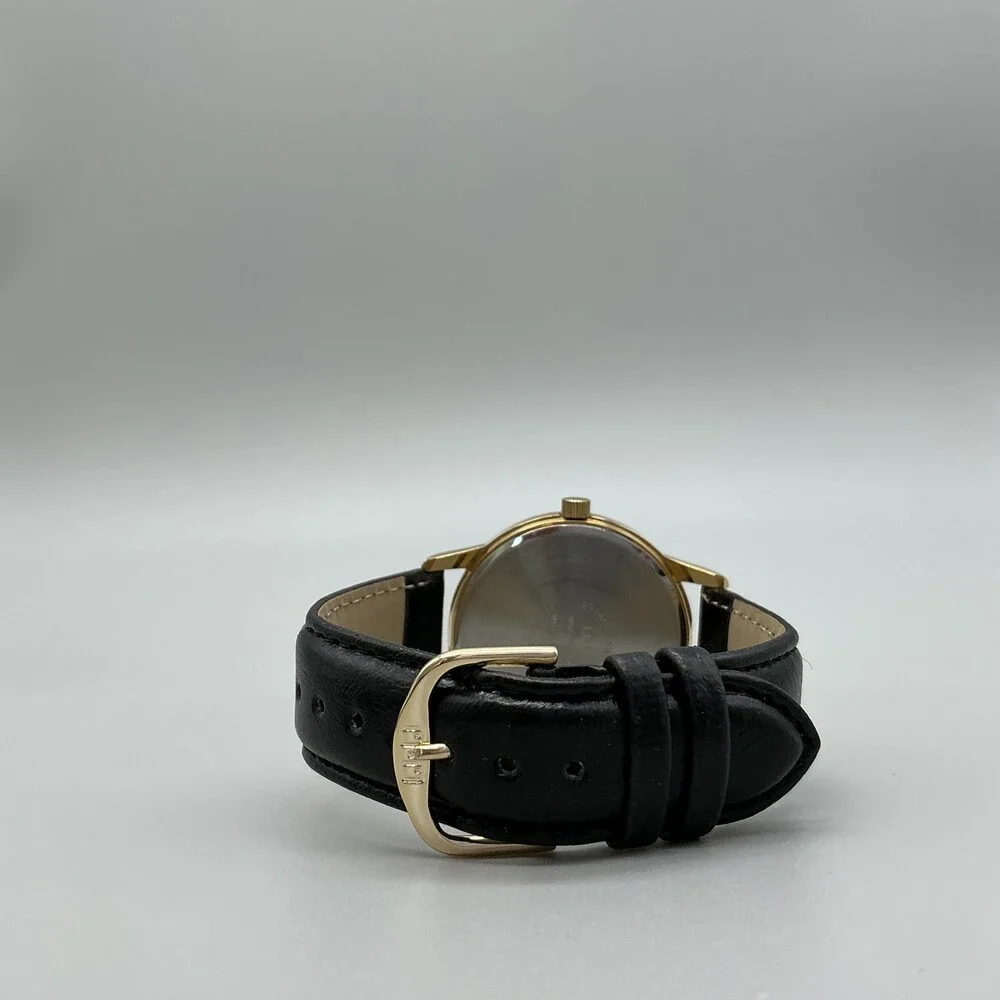 Q&Q Quartz Mens Watch 39mm Gold Tone Case Round Dial Black Band New Battery